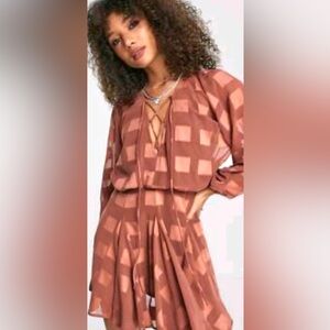ASOS Dress Mini Brown Checkered Plunge Tie Neckline Godet Skirt Long Sleeves 2👍